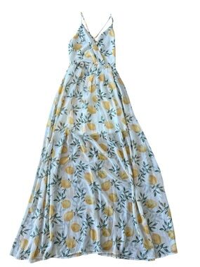 Lemon Print Cotton Sundress Maxi Dress size XS Long Adjustable Straps Smocked